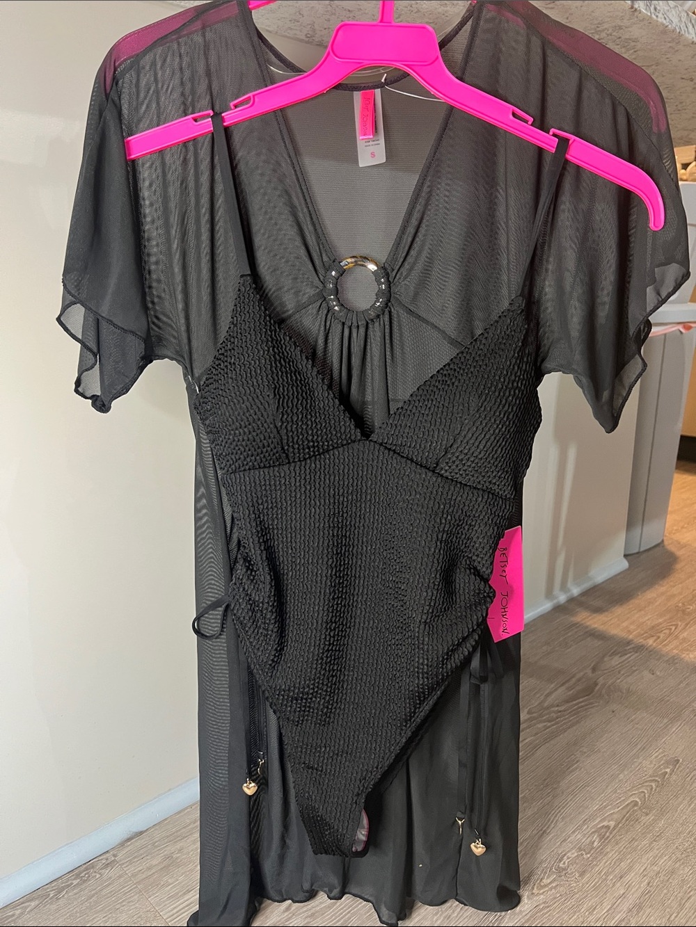 Betsey Johnson Black Swimsuit & Sheer Kimono Set - Black